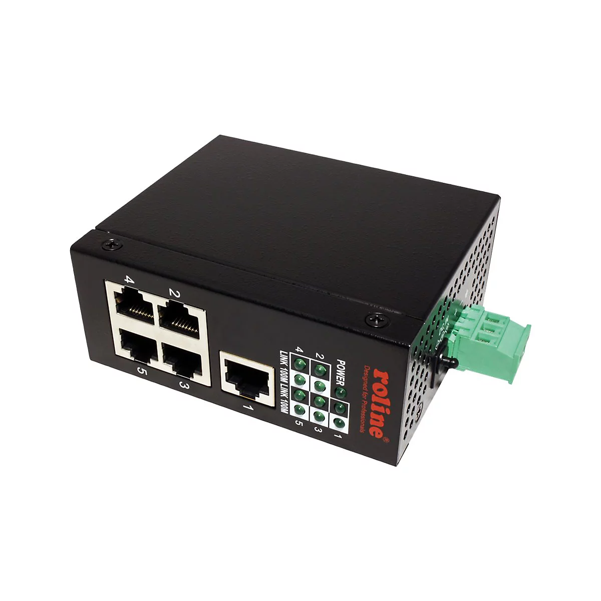 Schwarzer 5-Port Industrial-Ethernet-Switch von Roline mit RJ45-Anschlüssen und grünen Status-LEDs.