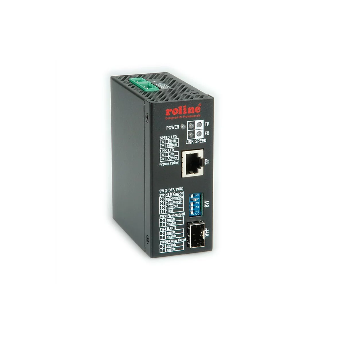 Schwarzer Industrie-Medienkonverter von Roline mit RJ45- und SFP-Anschluss sowie Konfigurationsschaltern.