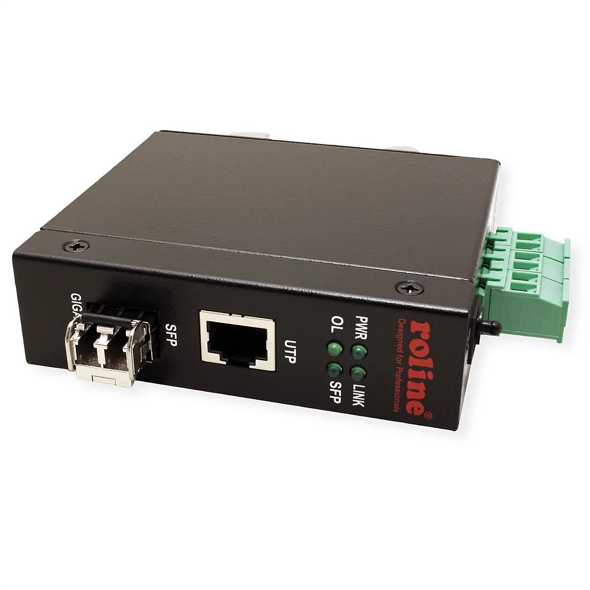 Schwarzer Roline Gigabit Media Converter mit SFP- und UTP-Anschluss auf weißem Hintergrund.