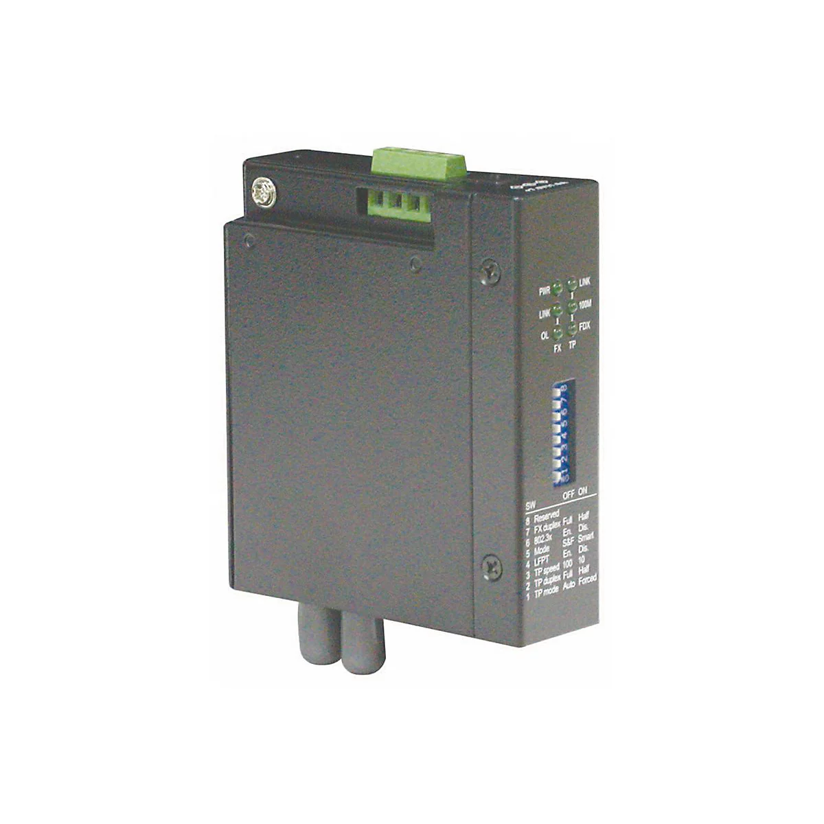 Schwarzer Industrial Media Converter mit DIP-Schaltern, LED-Anzeigen und grünem Anschlussblock.