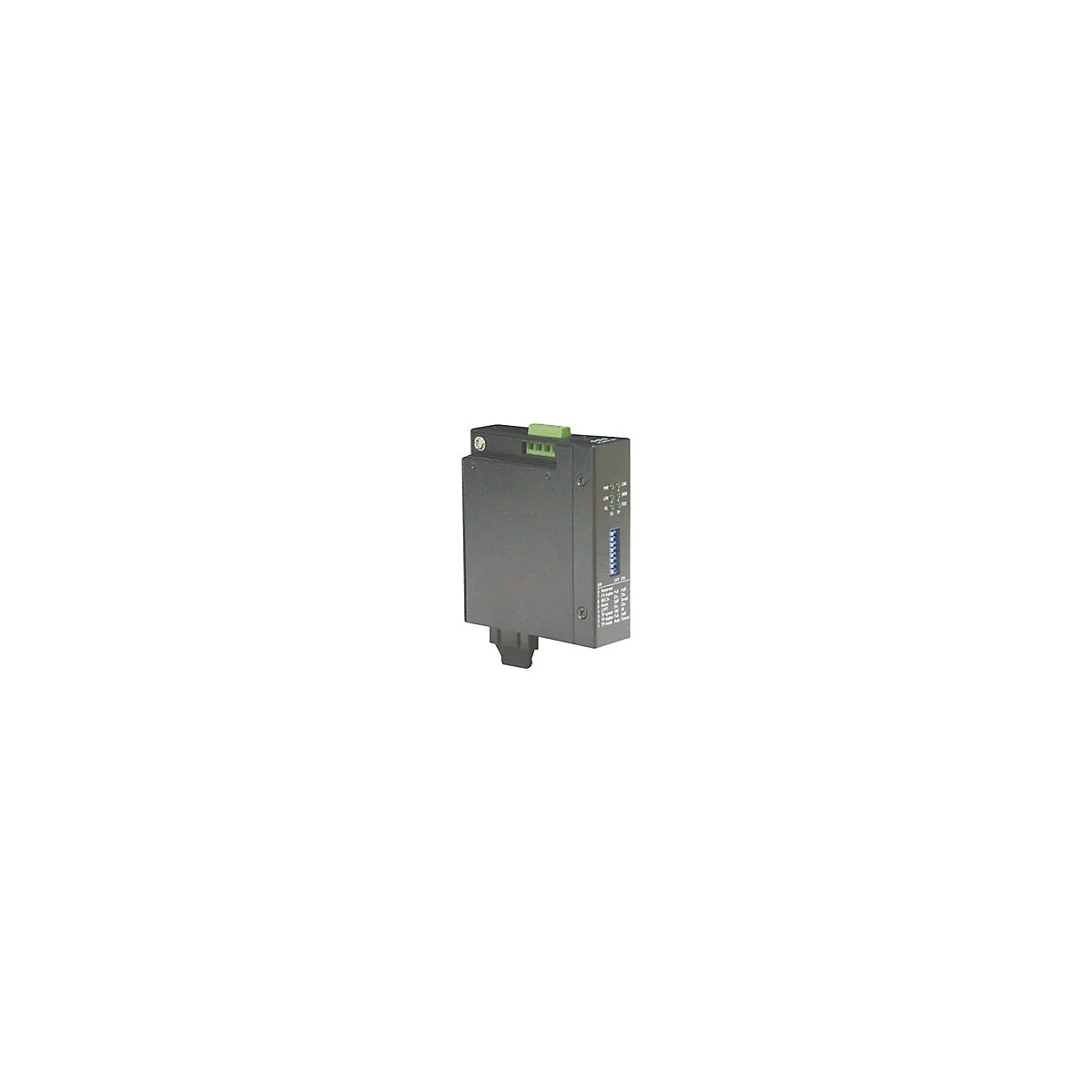 Schwarzes Industrie-Interface-Gerät mit grünem Anschlussblock, Status-LEDs und DIP-Schaltern auf der Vorderseite.
