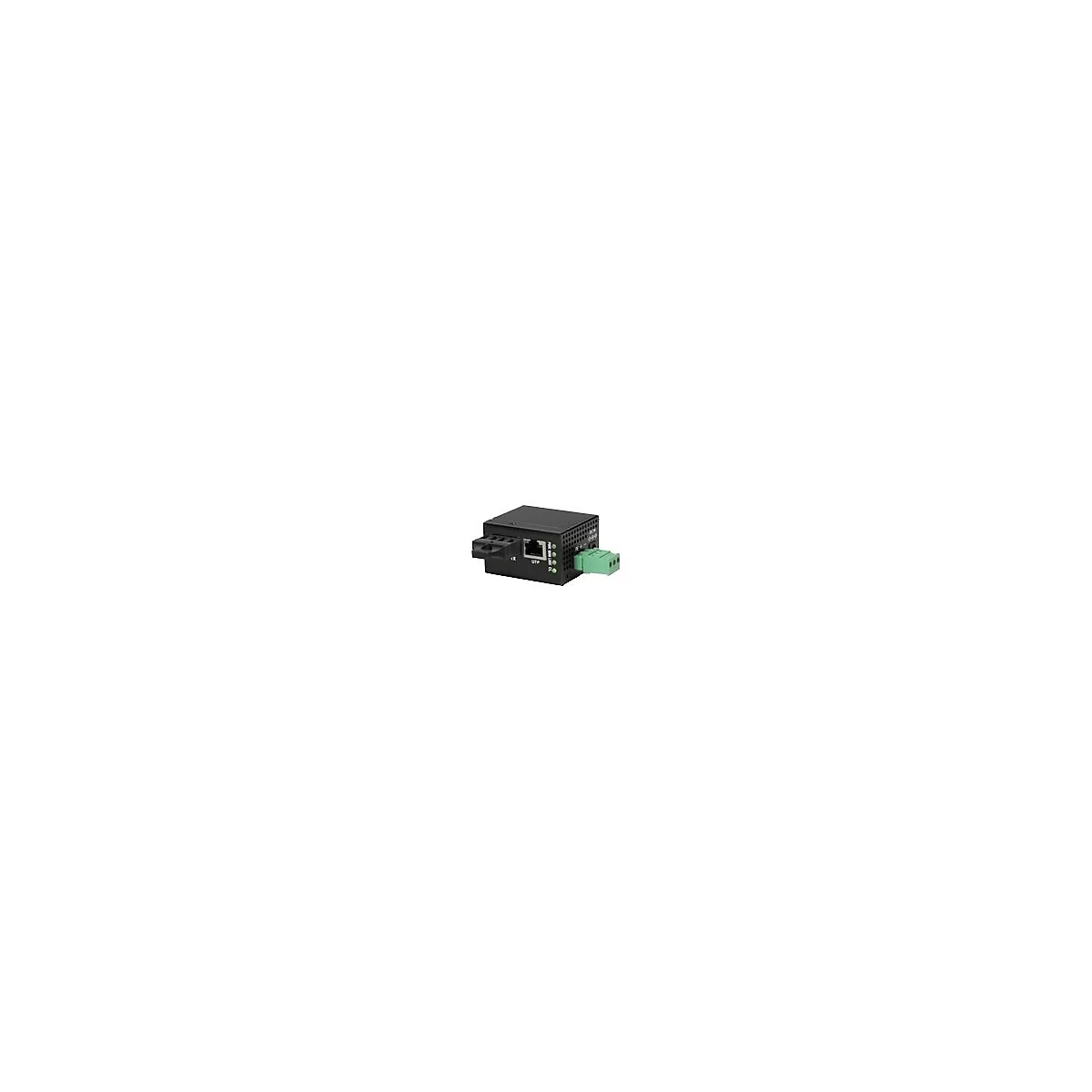 Schwarzer Netzwerk-Medienkonverter mit RJ45-Port, LWL-Anschluss und grünem Stromanschluss-Stecker.