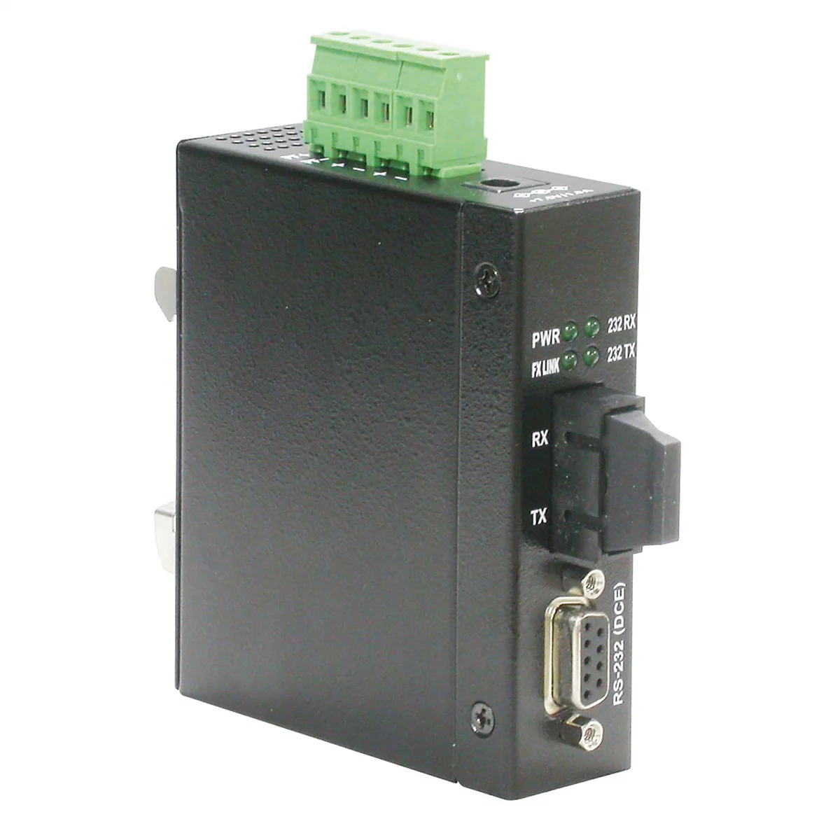 Schwarzer industrieller Medienkonverter mit grünem Klemmblock, optischem Anschluss und RS-232-Schnittstelle.
