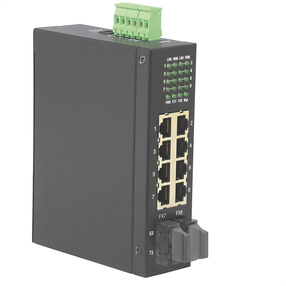 Industrie-Netzwerk-Switch in schwarzem Metallgehäuse mit acht RJ45-Ports, zwei Glasfaser-Anschlüssen und grünen LEDs.