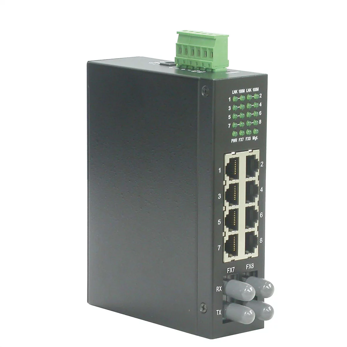 Schwarzer Industrie-Netzwerk-Switch mit acht Ethernet-Ports, zwei Glasfaseranschlüssen und Status-LEDs auf weißem Grund.