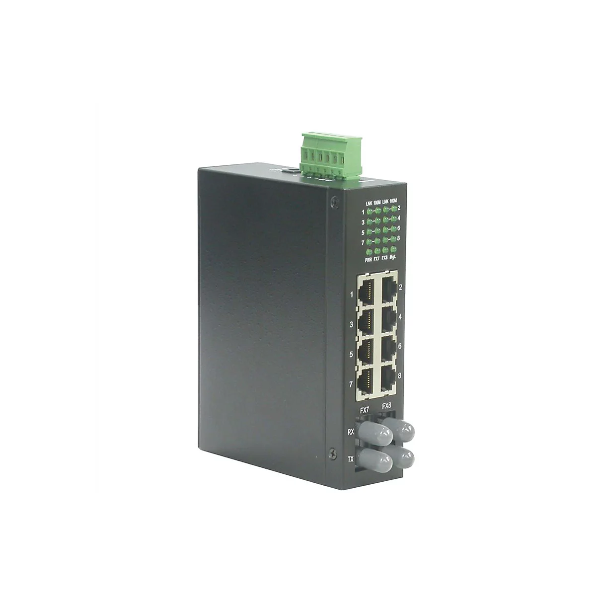 Schwarzer industrieller Netzwerk-Switch mit acht Ethernet-Ports und zwei Glasfaseranschlüssen vor weißem Hintergrund.