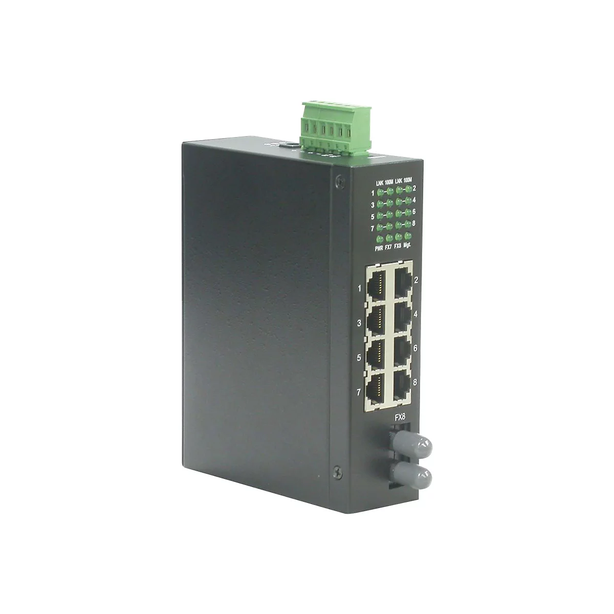 Schwarzer Industrie-Netzwerk-Switch mit acht LAN-Ports, zwei Glasfaseranschlüssen und Status-LEDs auf weißem Grund.