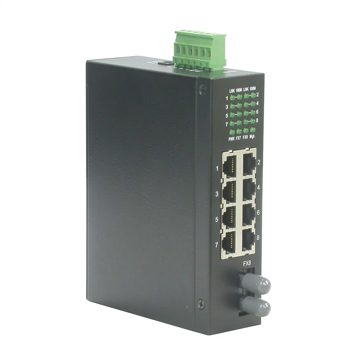 Schwarzer Industrial-Netzwerk-Switch mit acht Ethernet-Ports und grünem Anschlussblock vor weißem Hintergrund.