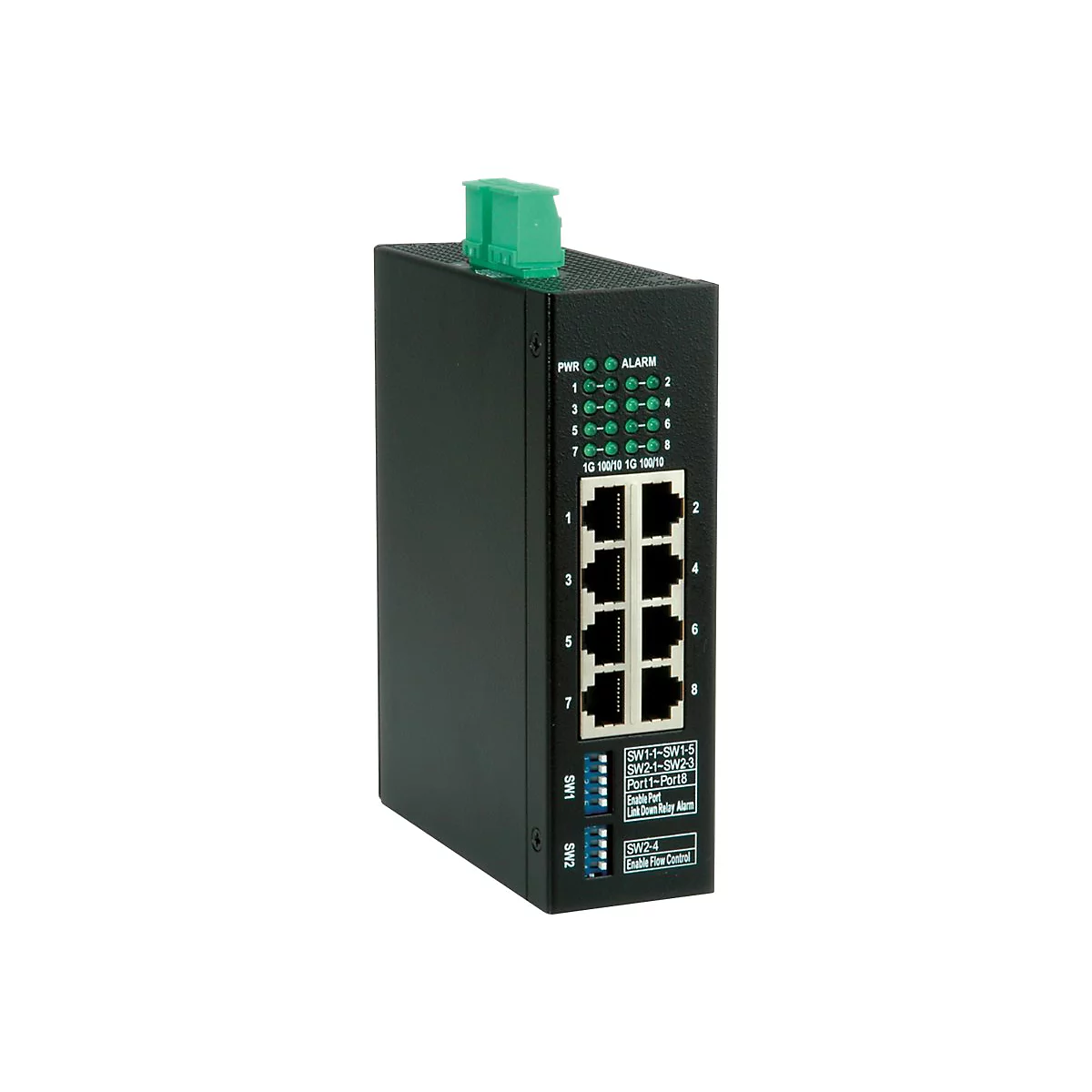 Schwarzer industrieller Ethernet-Switch mit acht Ports, grünen LED-Anzeigen und Dip-Schaltern.