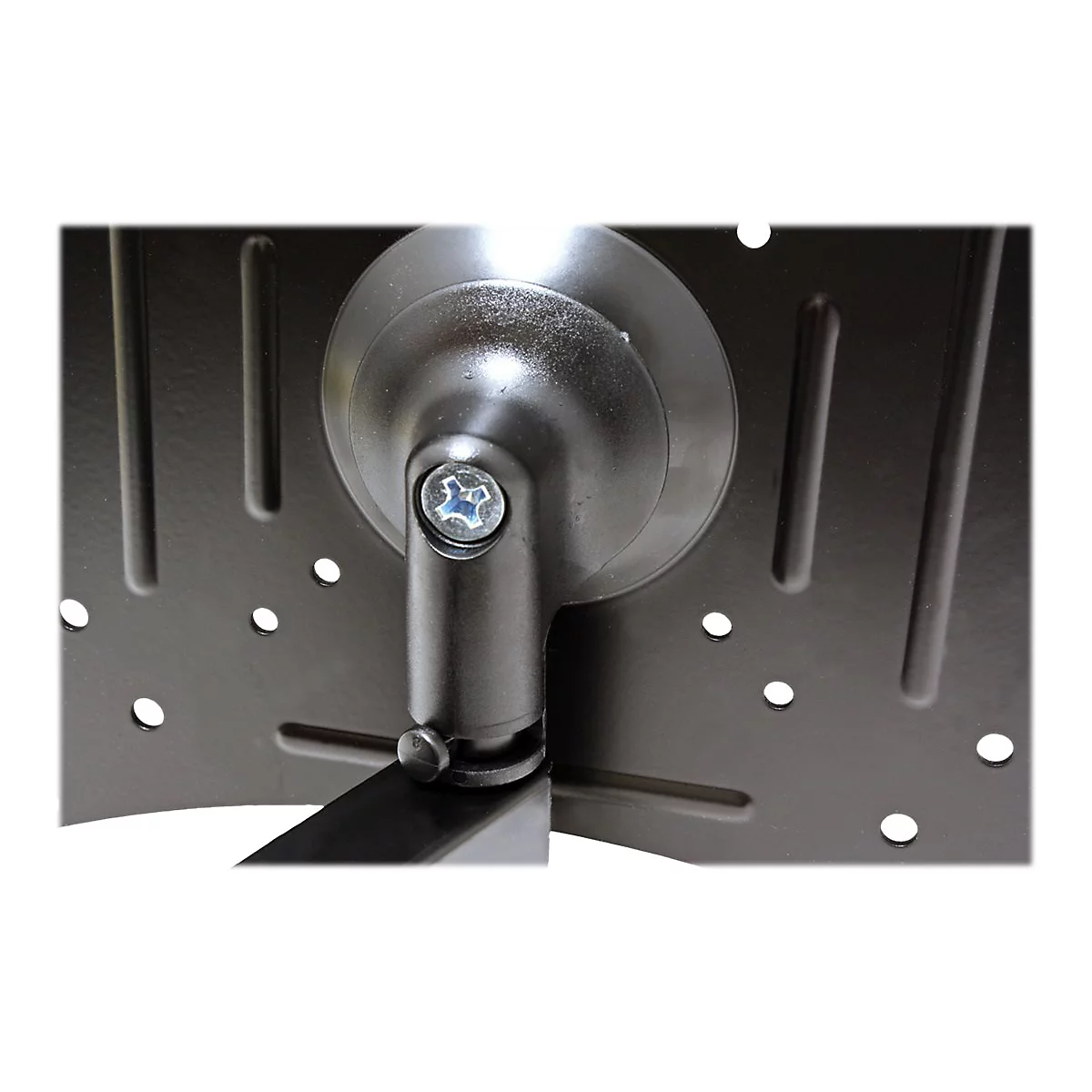 Detailansicht eines schwarzen Metall-Gelenks an einer Monitorhalterung mit Kreuzschraube.
