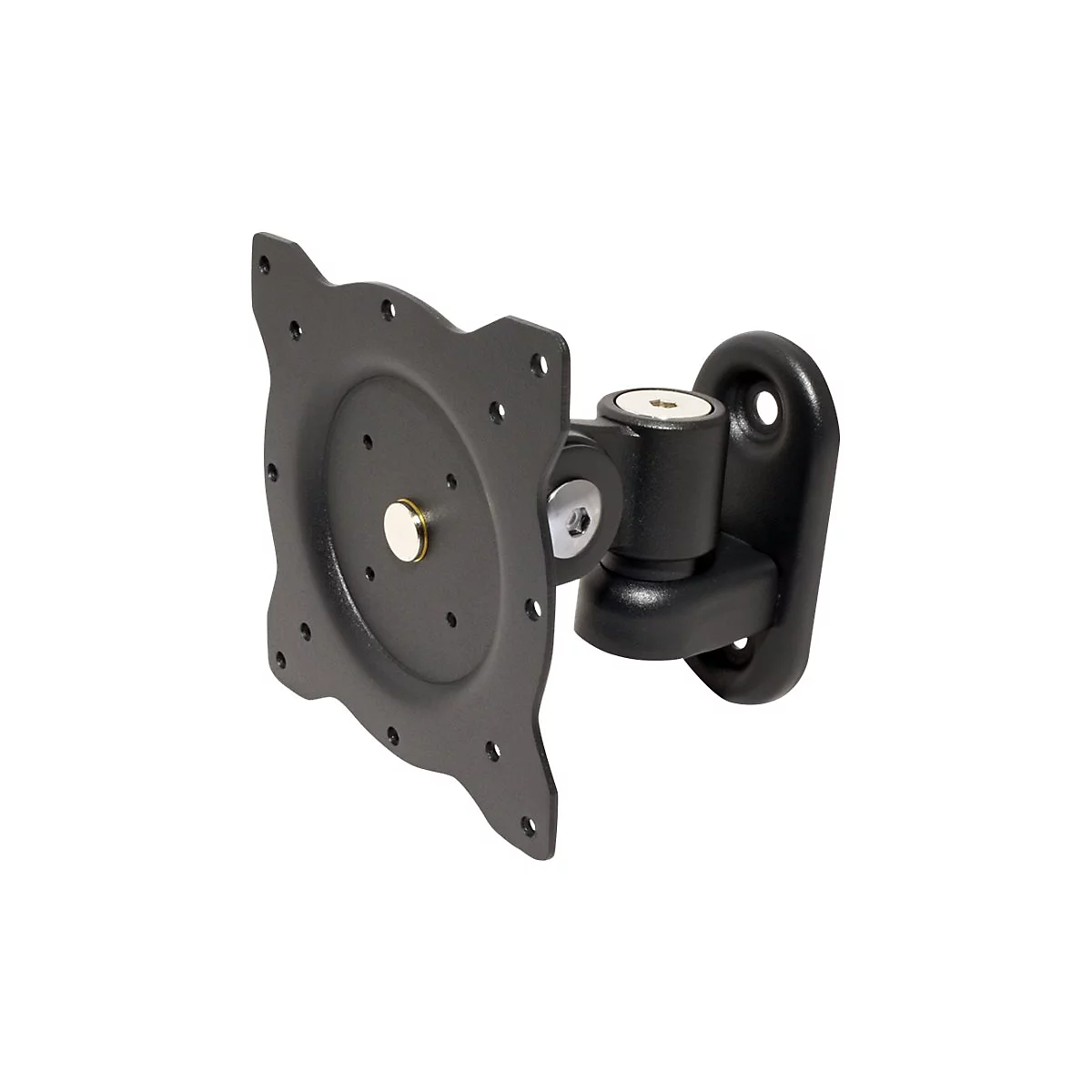 Schwarze Wandhalterung für Monitore mit Gelenkarm und quadratischer VESA-Montageplatte.