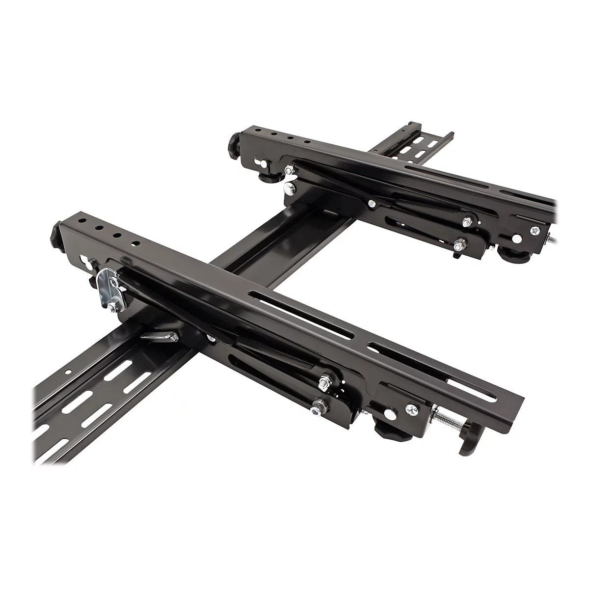 Schwarze, verstellbare Metallhalterung für Montagezwecke mit Schienen und Schrauben auf weißem Hintergrund.