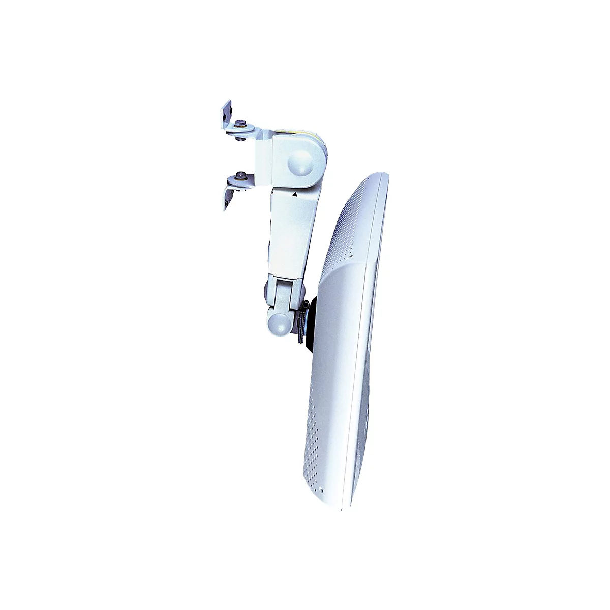 Weiße Wandhalterung mit schwenkbarem Arm und befestigtem flachen Bildschirm.