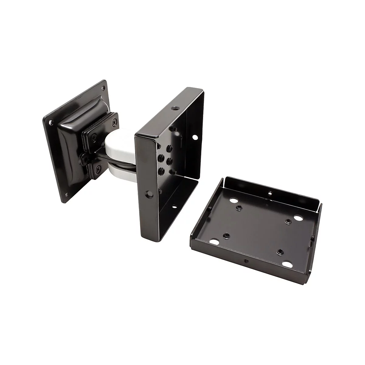 Schwarze, neigbare Monitor-Wandhalterung aus Metall mit quadratischer Wandplatte und abnehmbarer VESA-Platte.