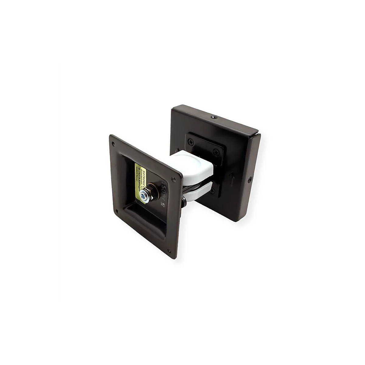 Schwarze Metallhalterung mit weißem Gelenkelement und Aufkleber vor weißem Hintergrund.