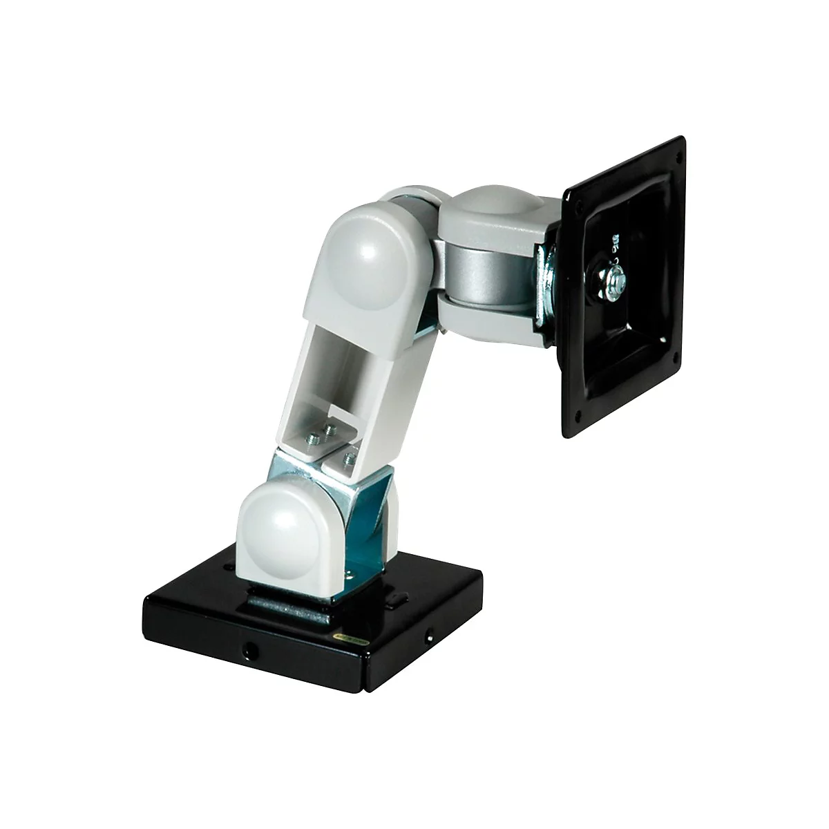Ein grauer, verstellbarer Monitor-Wandhalterungsarm mit schwarzer Basis und schwarzer VESA-Aufnahme.