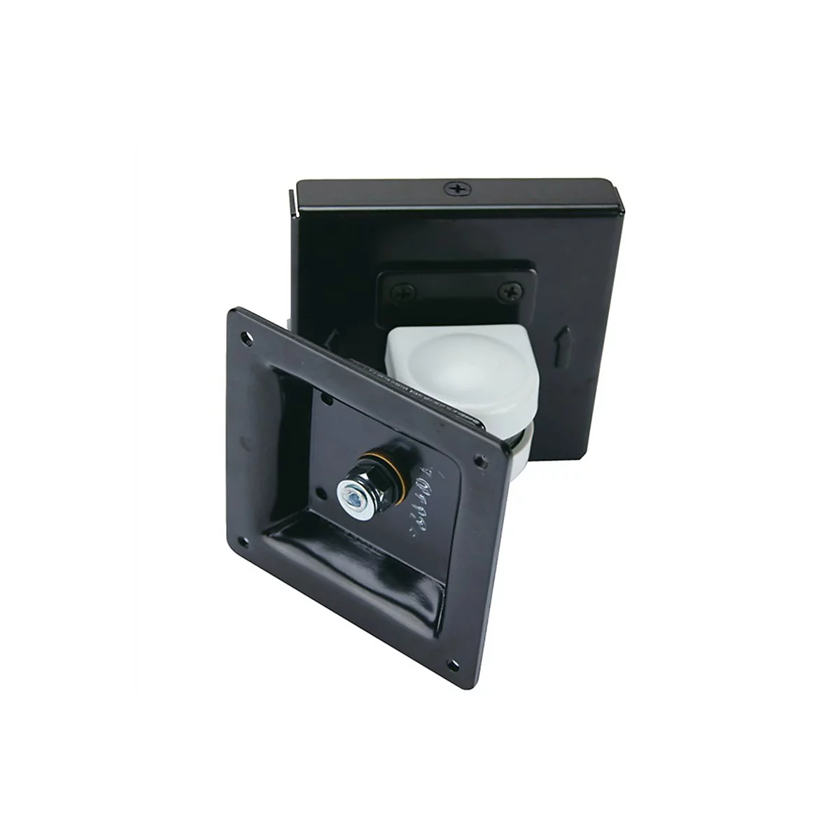 Schwarze Metallhalterung mit weißem Gelenkelement vor weißem Hintergrund.