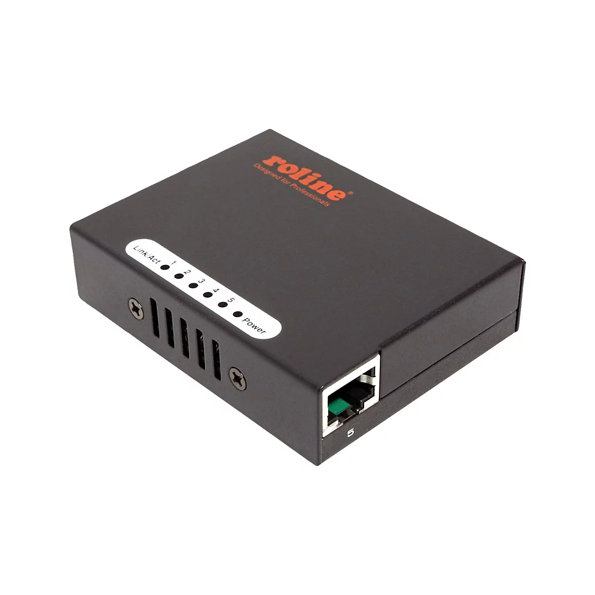 Schwarzer Roline Netzwerk-Switch mit fünf Anschlüssen und LED-Statusanzeigen auf der Oberseite.