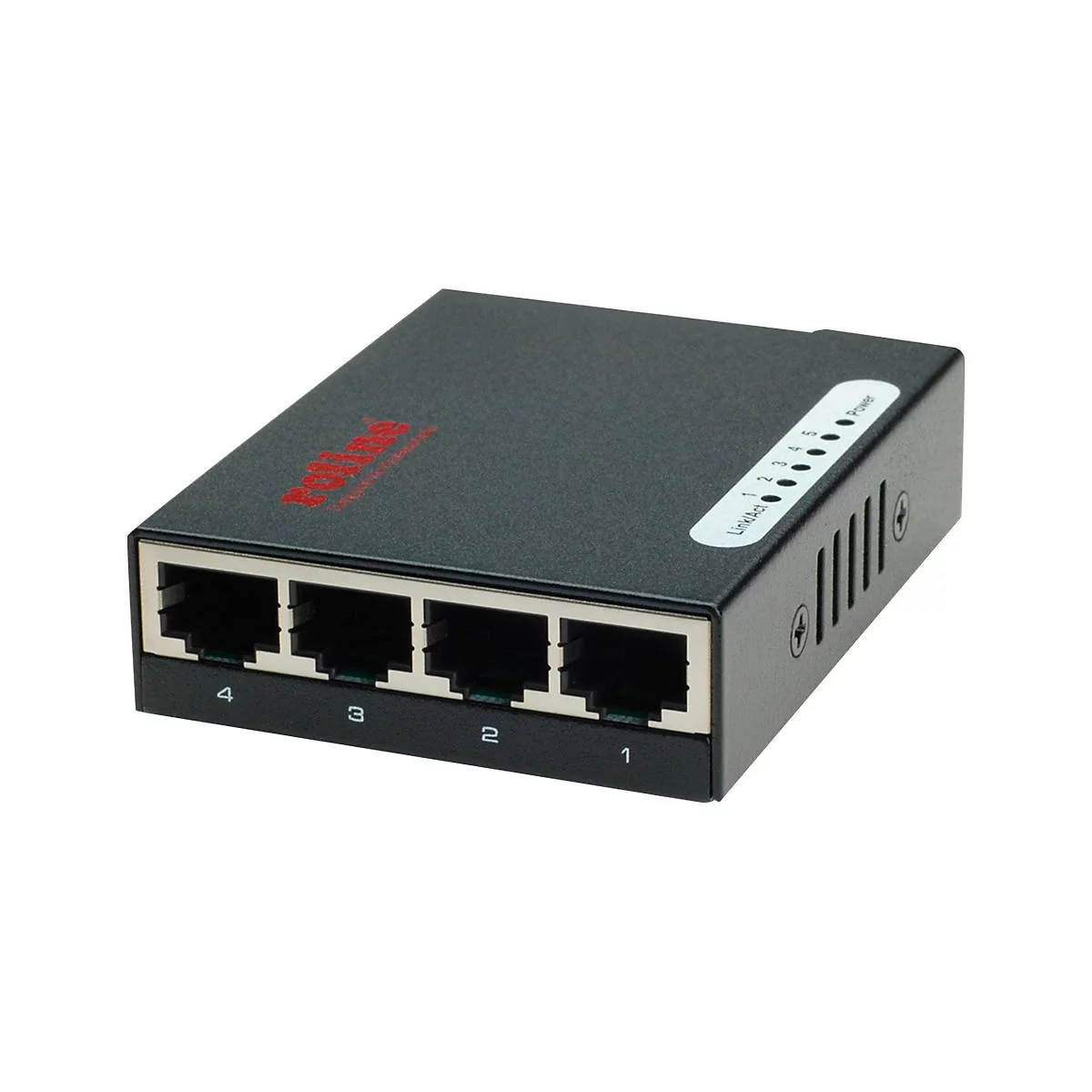 Schwarzer Roline Netzwerk-Switch mit fünf Ports vor weißem Hintergrund.
