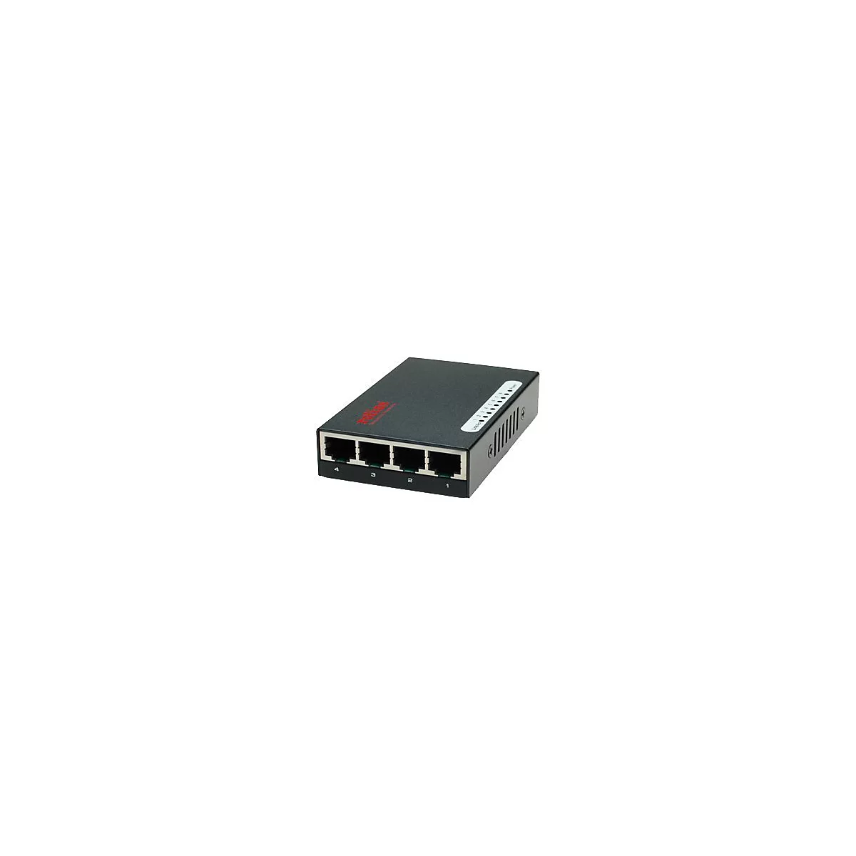 Schwarzer 5-Port Ethernet-Switch mit vier frontseitigen LAN-Anschlüssen und LED-Statusanzeigen.