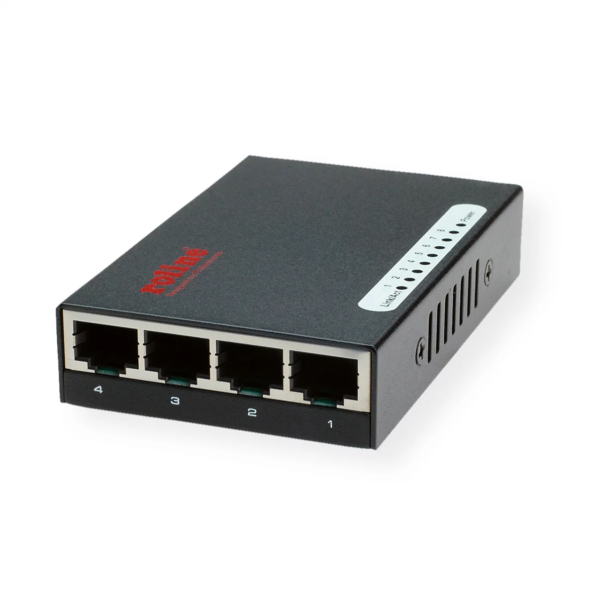 Schwarzer Roline Netzwerk-Switch mit 4 RJ45-Ports und Status-LEDs für Strom sowie Verbindung.