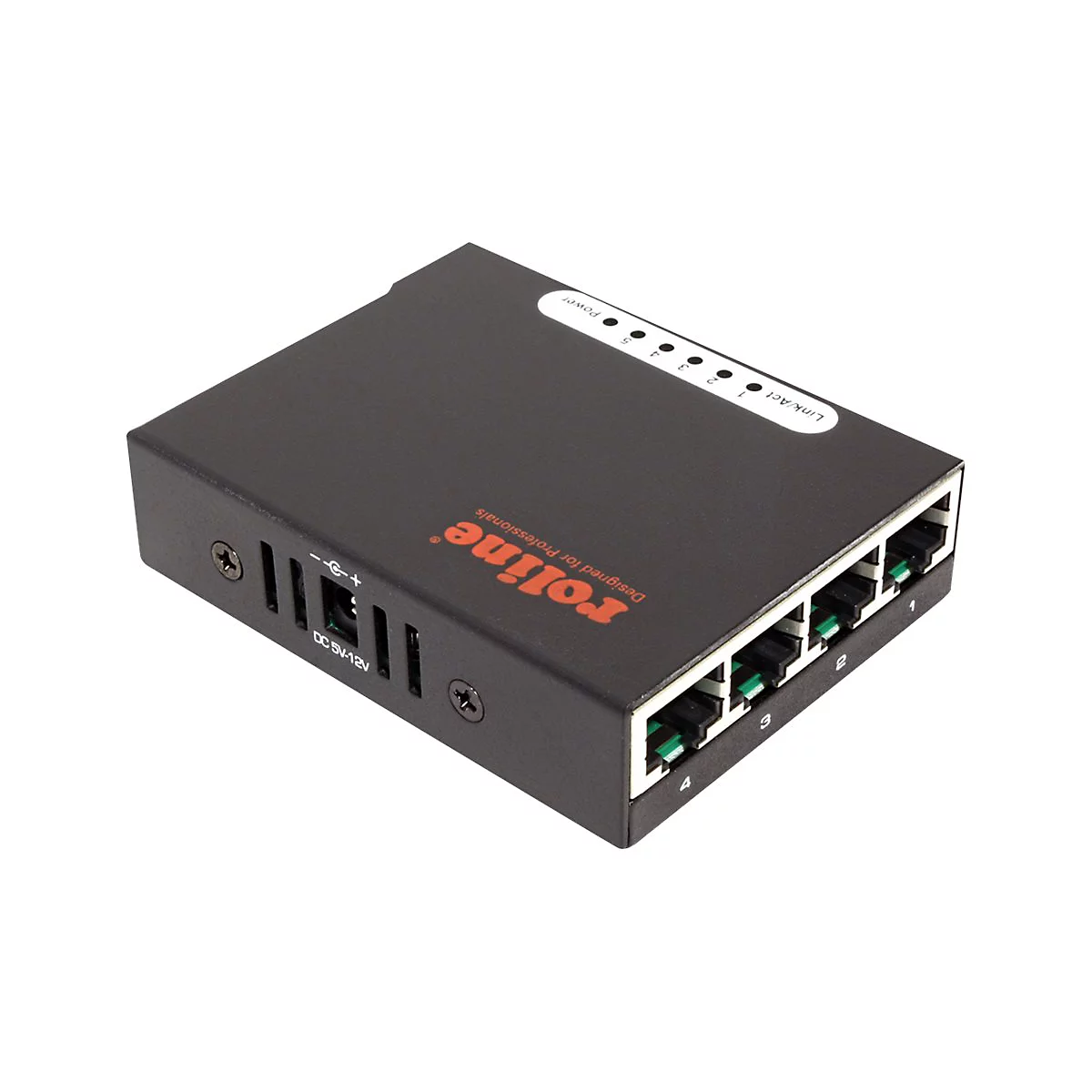 Schwarzer 5-Port Roline Netzwerk-Switch mit Status-LEDs und Stromanschluss auf weißem Hintergrund.