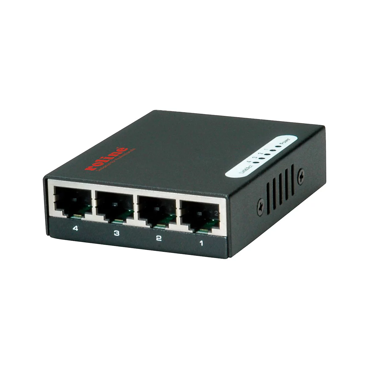 Schwarzer 4-Port Netzwerk-Switch der Marke Roline vor weißem Hintergrund.