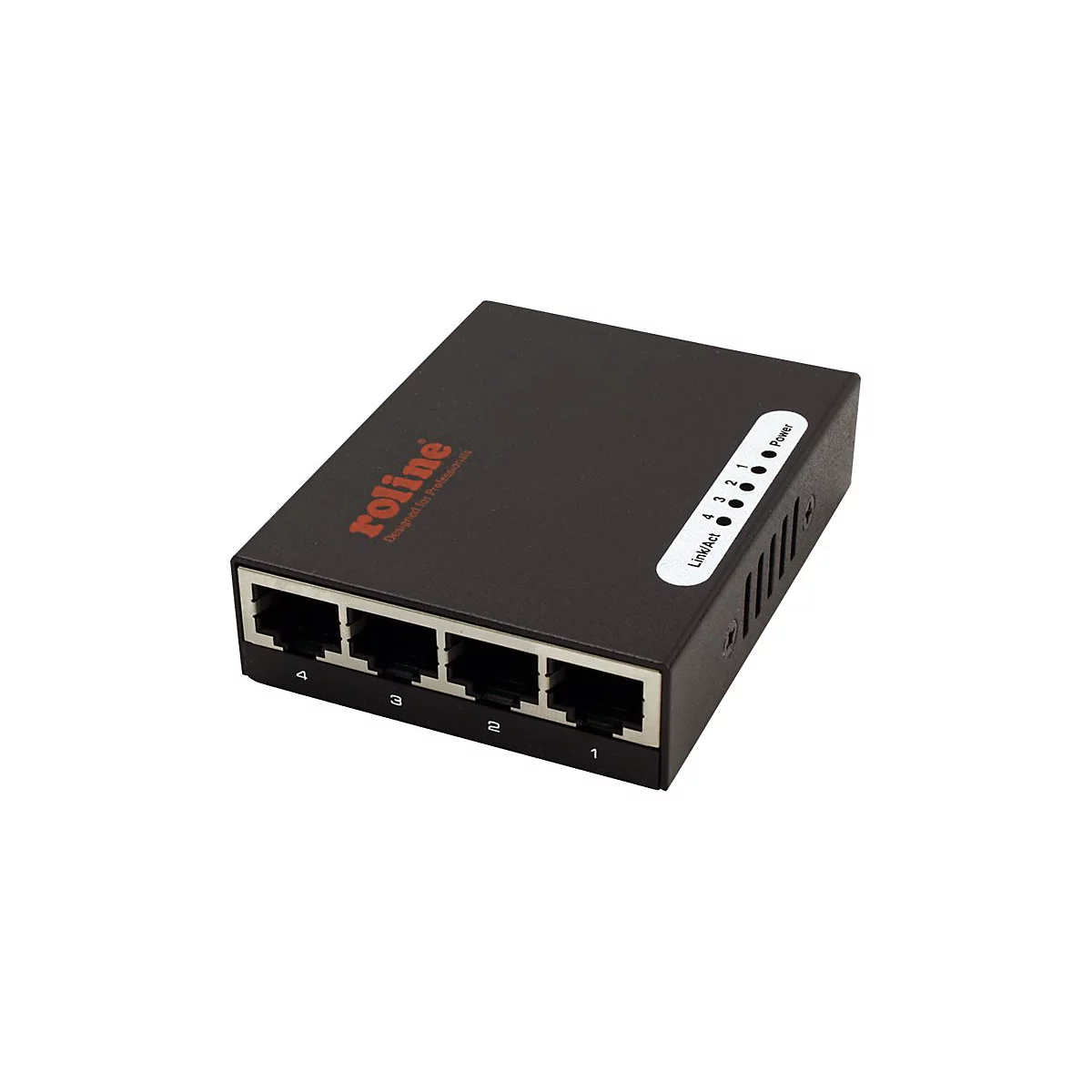 Schwarzer Roline Netzwerk-Switch mit vier LAN-Ports und LED-Anzeige vor weißem Hintergrund.
