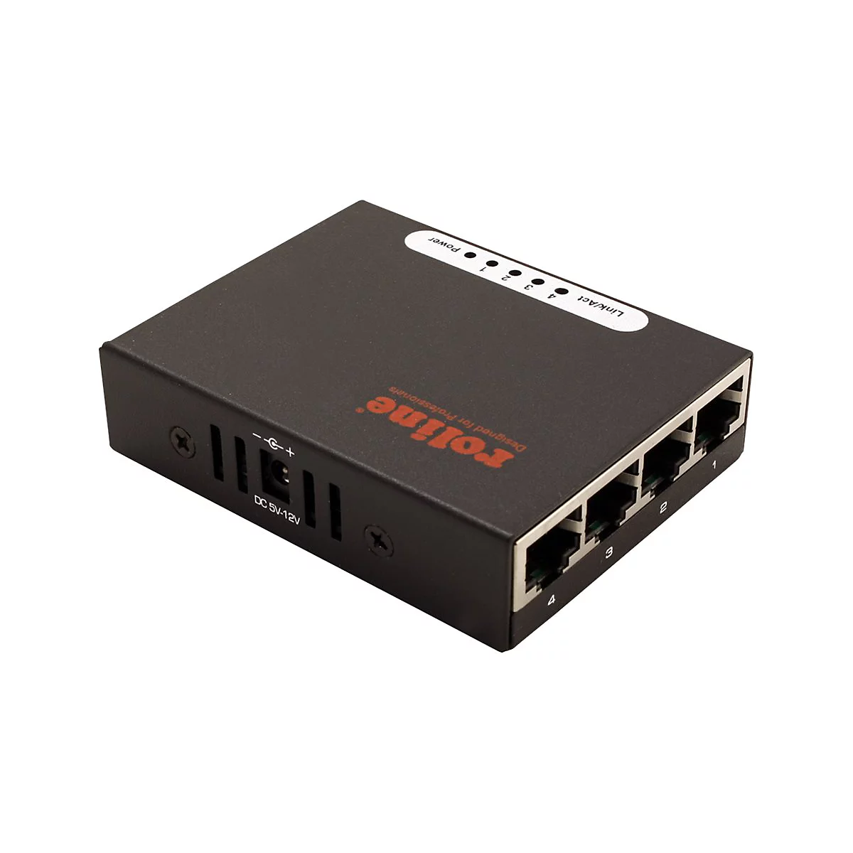Schwarzer Roline Netzwerk-Switch mit vier Ports vor weißem Hintergrund.