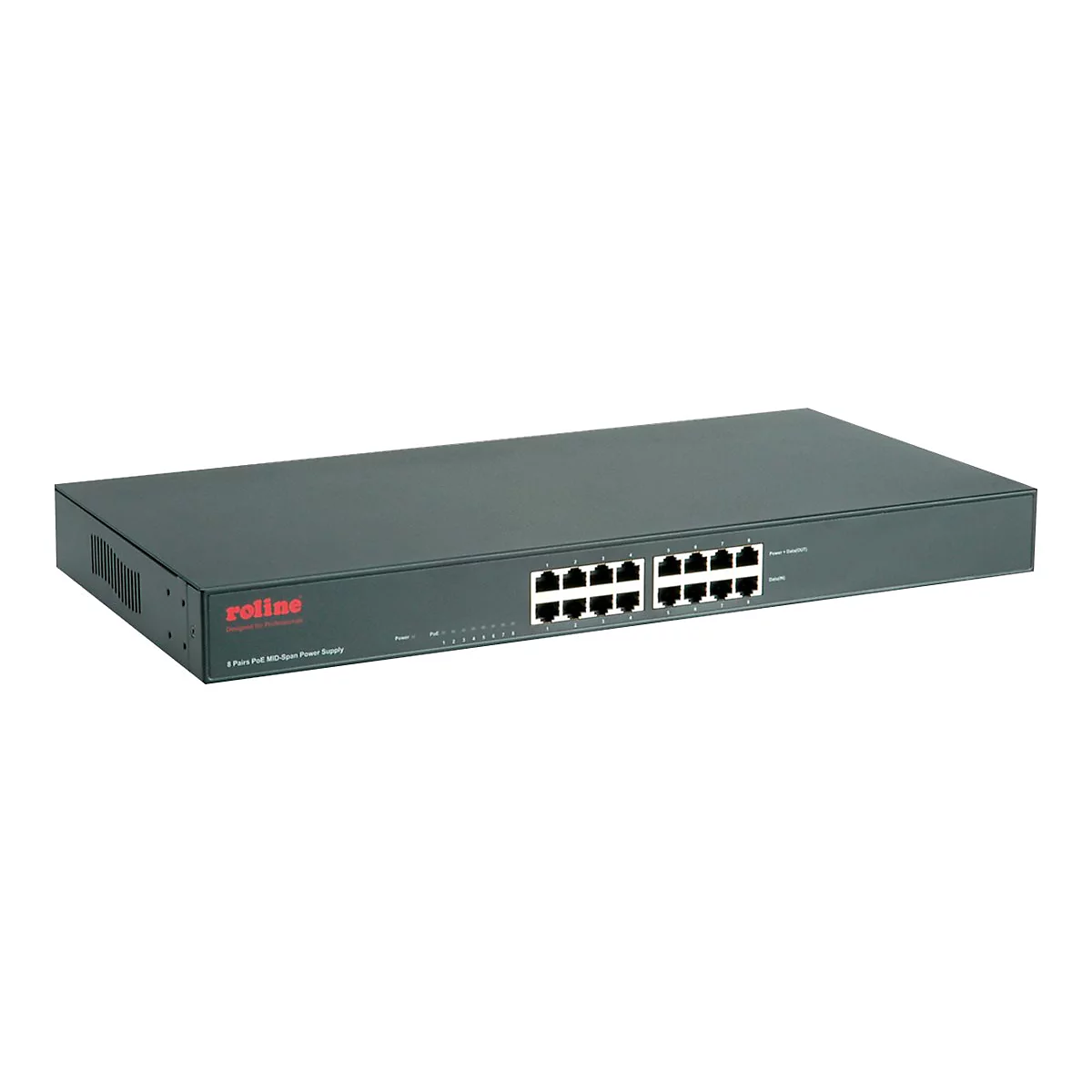 Schwarzer 8-Port PoE-Midspan-Switch von Roline auf weißem Hintergrund.
