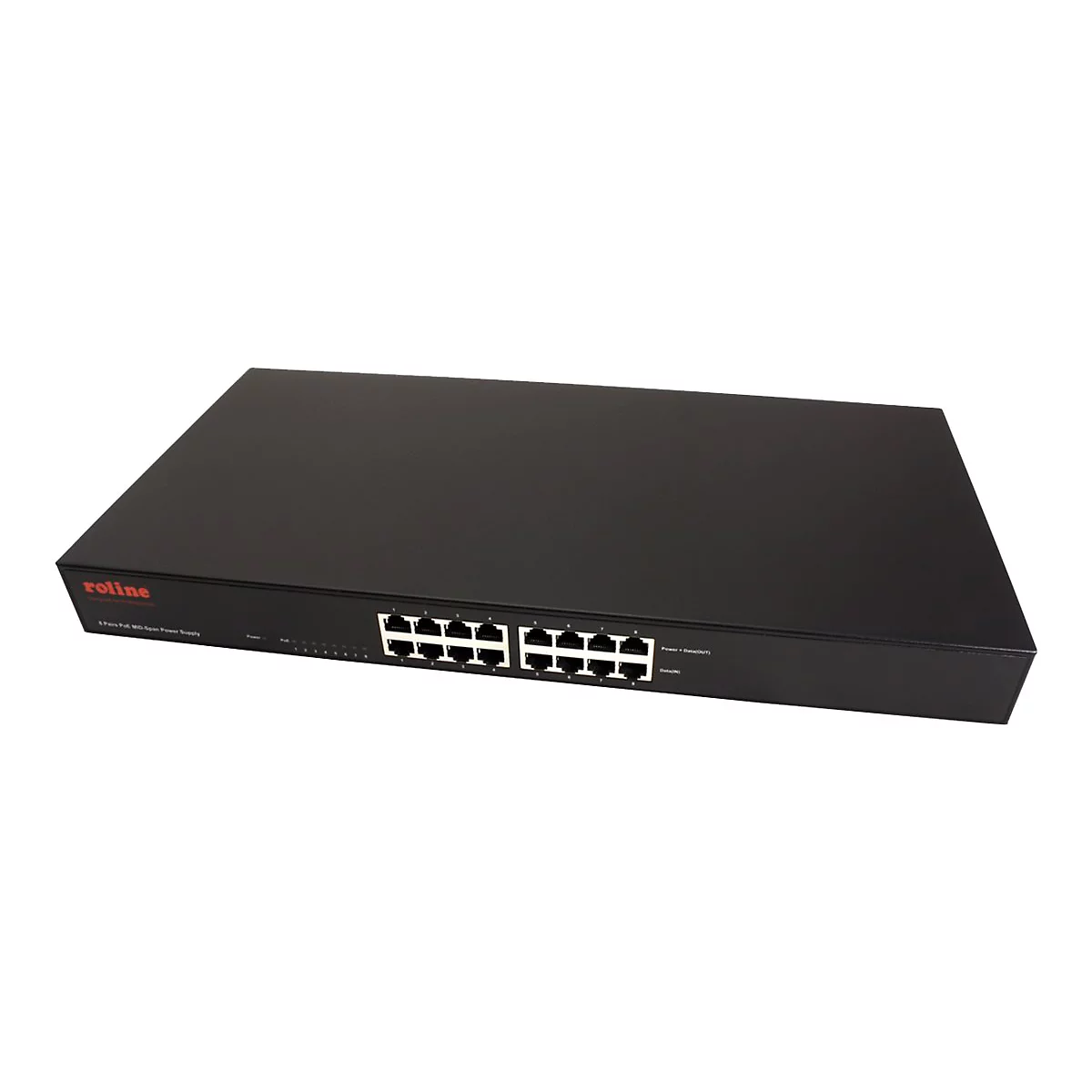 Schwarzer 8-Port Roline PoE-Midspan-Switch vor weißem Hintergrund.