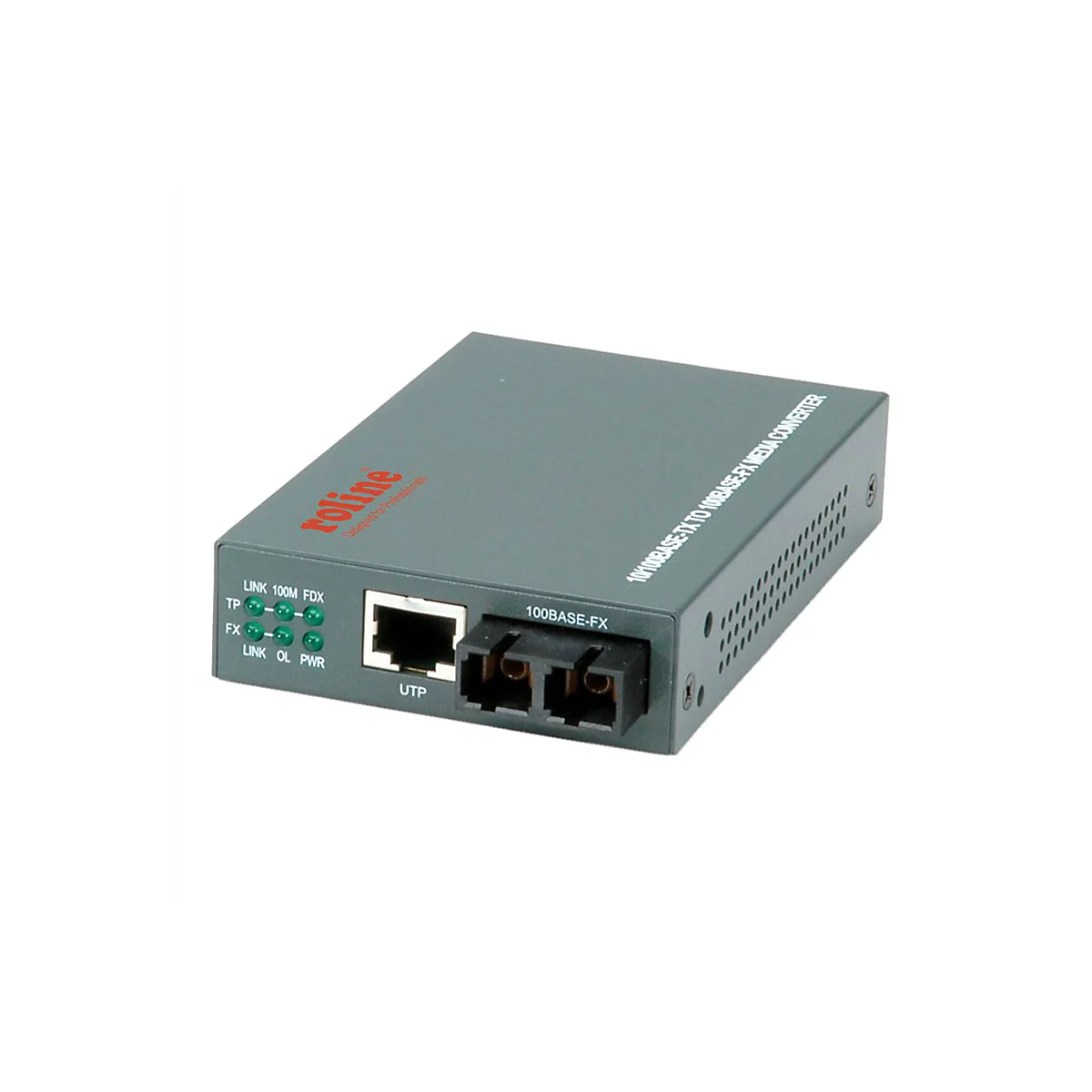 Grauer Roline Medienkonverter mit RJ45- und Glasfaseranschlüssen auf weißem Hintergrund.