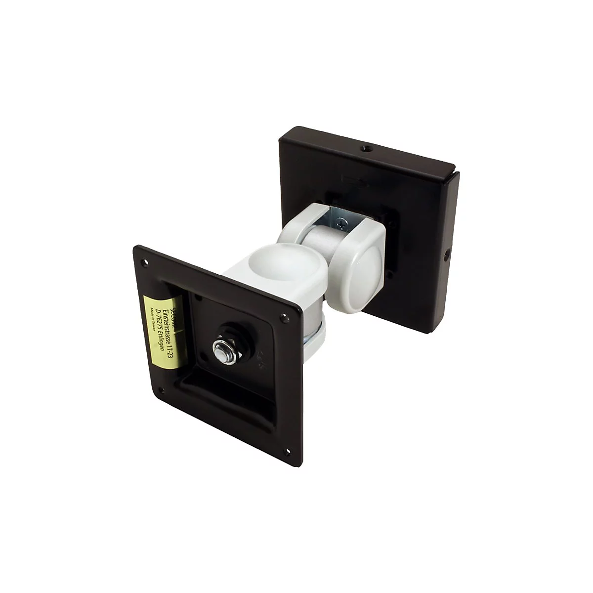 Schwarze Wandhalterung für Monitore mit hellem, schwenkbarem Gelenkarm vor weißem Hintergrund.