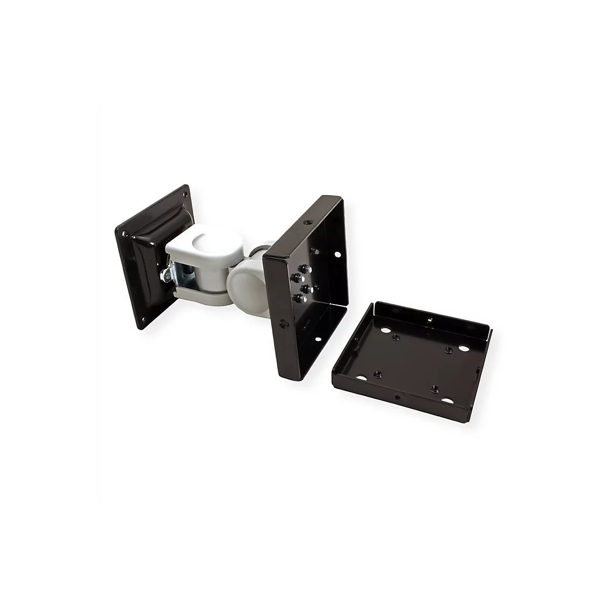 Schwenkbare Monitorhalterung aus Metall in Schwarz mit silbernem Gelenk und abnehmbarer Montageplatte.