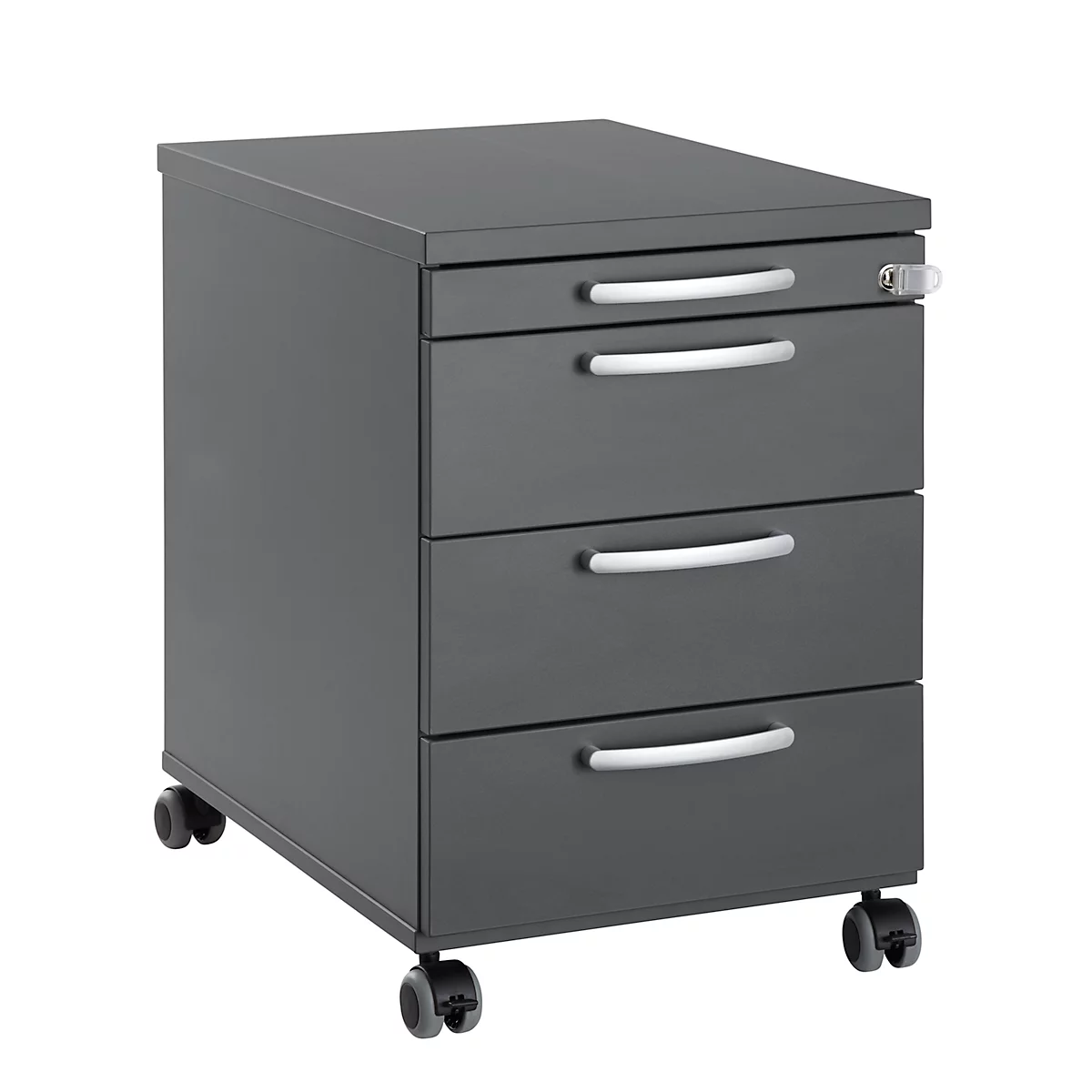 Dark gray mobile pedestal with four drawers, chrome handles, and wheels.