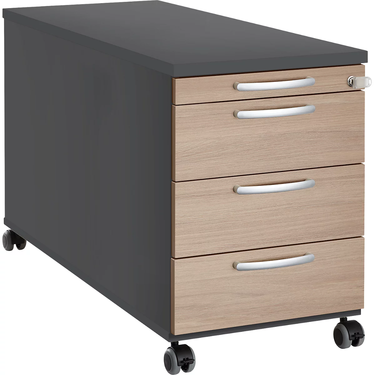 Mobile desk container with three drawers, wood look, anthracite-colored, castors, lockable.