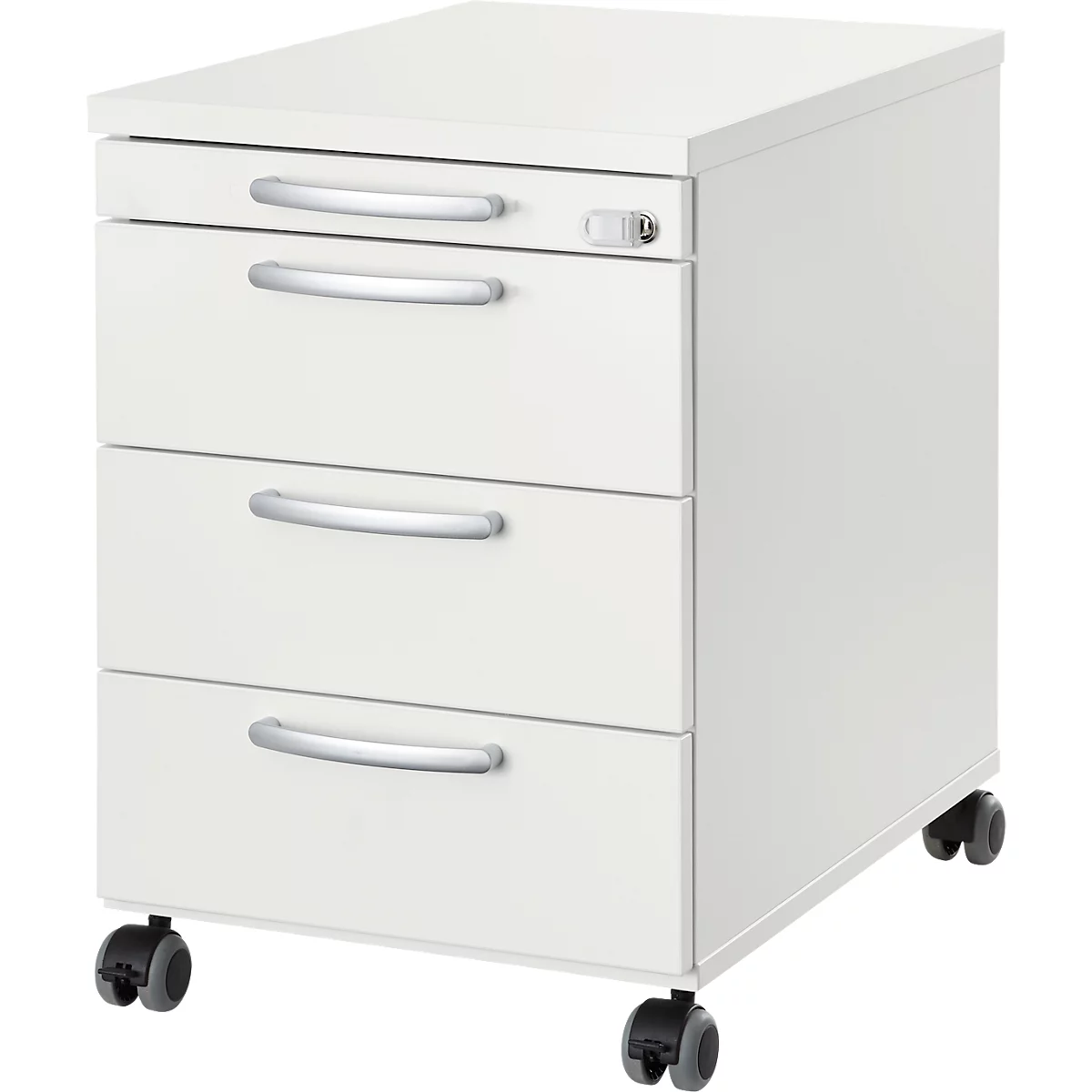 White rolling cabinet with three drawers, silver handles, and casters.