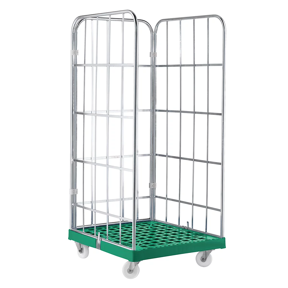 Roll cage with wire mesh and rollers. Green base plate. Metal grid on both sides.