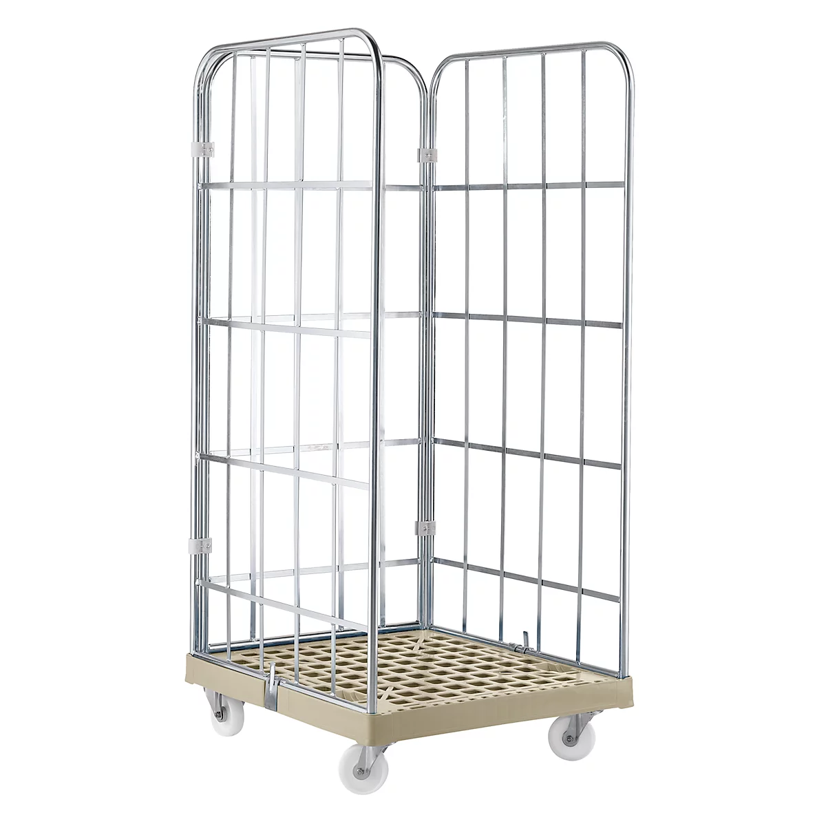 Metal frame roll container on wheels. The cart has a brown grid surface and stands against a white background.