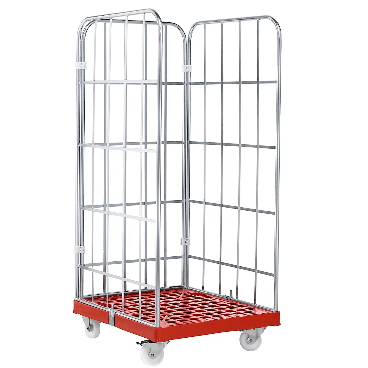 Metal roll container with a red grid-shaped base plate. The frame is silver and has castors at the corners.