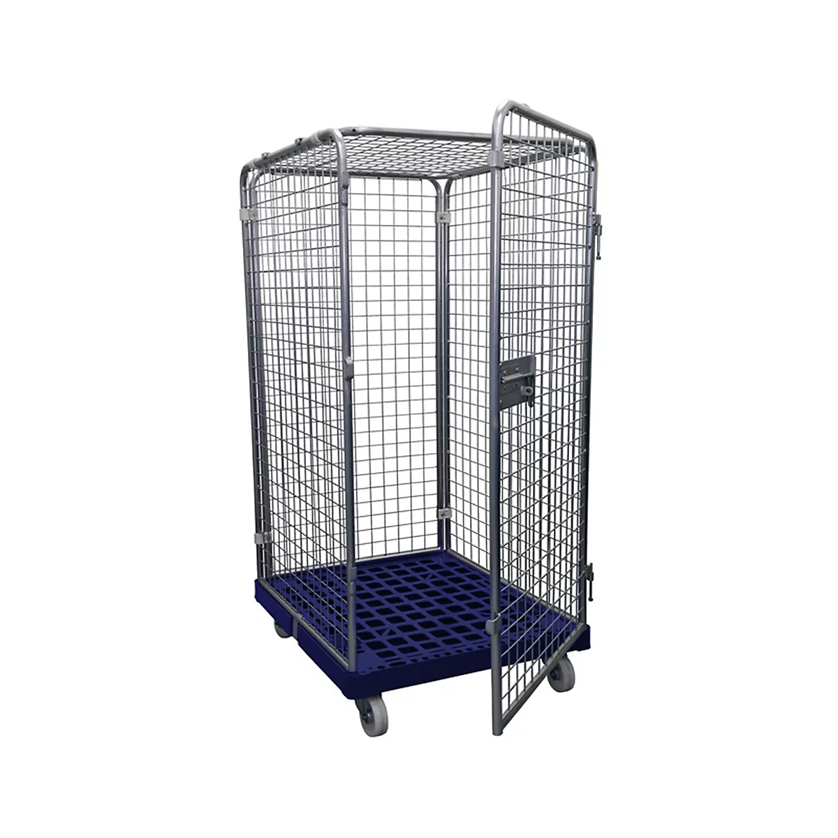 Metal cage cart with open door and blue bottom, on wheels. Detailed view of the product.