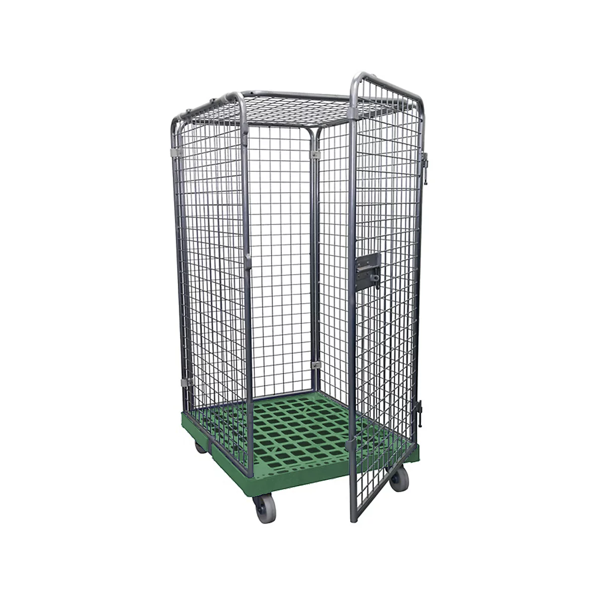 Roll container with green base and wire cage, door open. Wheels at the bottom.