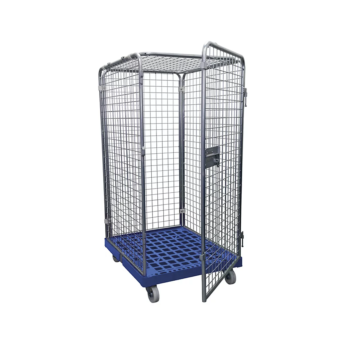 A metal roll container with an open door. Blue base, grey mesh walls, on wheels.