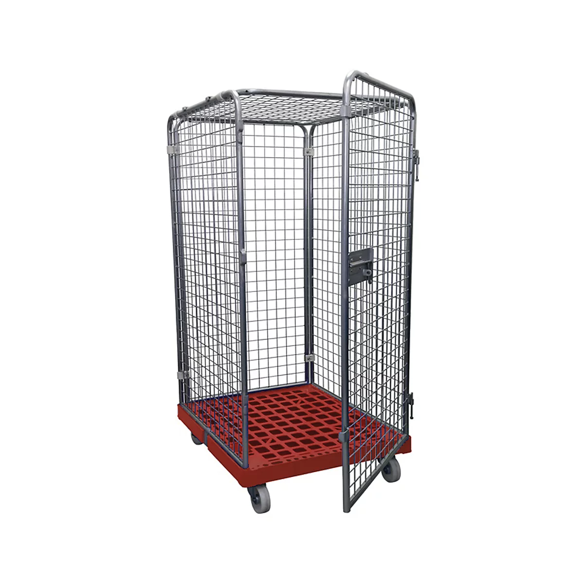 Roll cage trolley with open door, red floor, wheels. Metal frame, mesh walls. Industrial design.