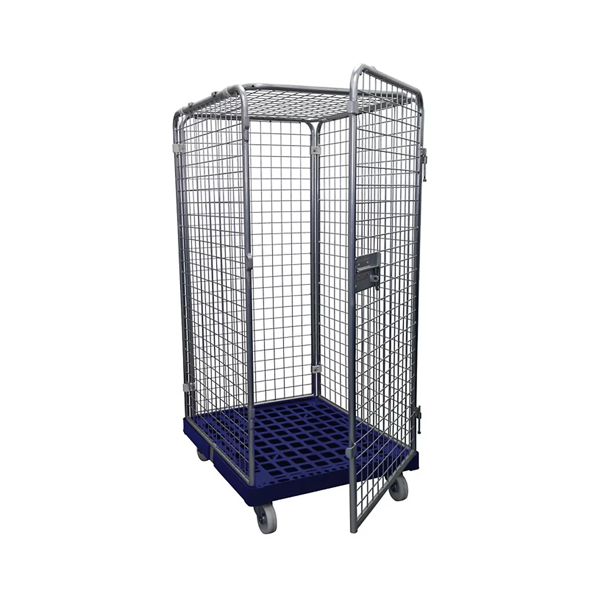 Metal mesh trolley with open door, blue floor and castors. On a light grey background.