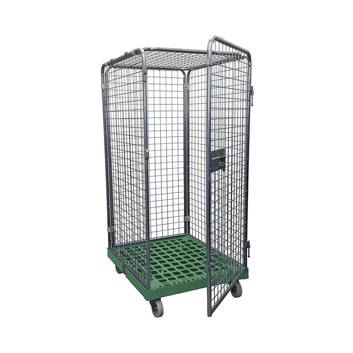 Metal mesh trolley, green base plate, gray castors. Open door.