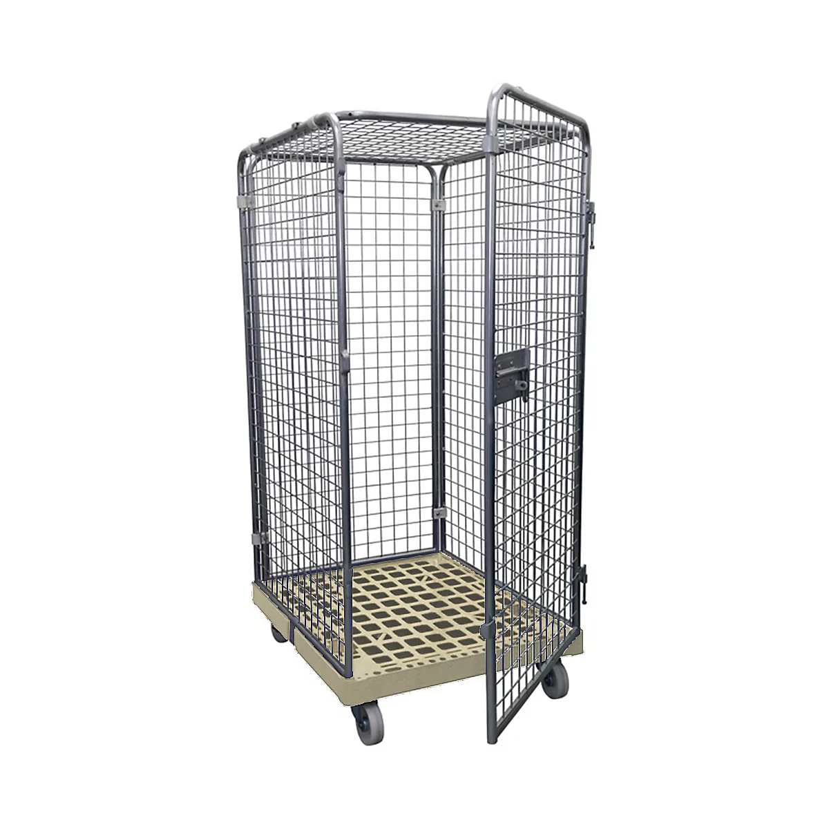 Metal cage on wheels with open door. The cage has a grid pattern and a beige floor.