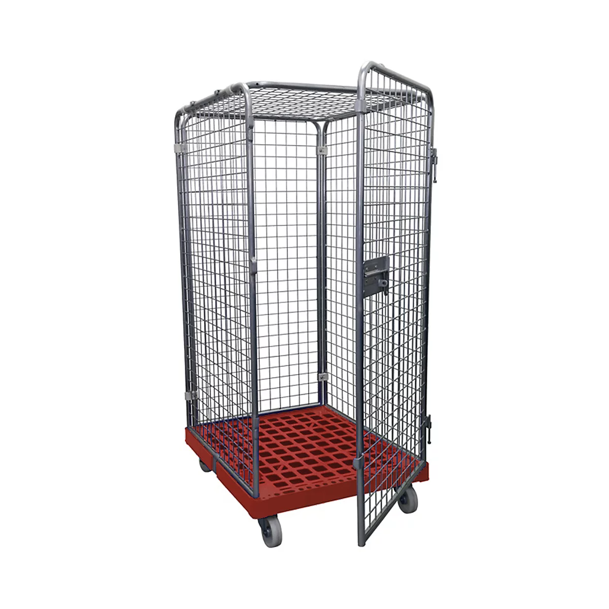 An open, rolling cage with a red floor and gray wheels, as well as an open door.