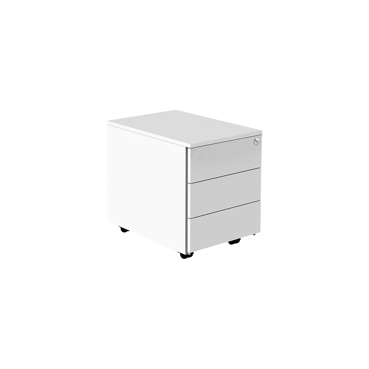 White office cabinet with three drawers and rollers. A lock on the right.