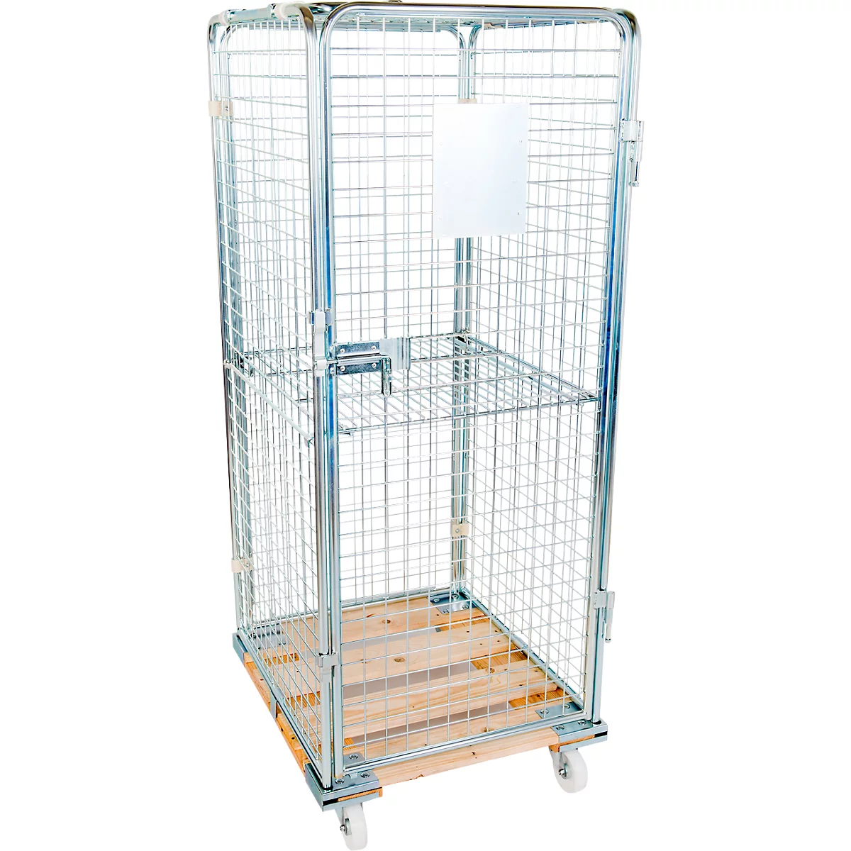 Wire mesh trolley with wooden pallet and wheels. A white sign is attached.
